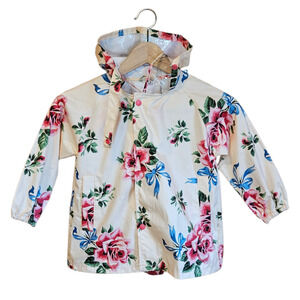 Toddler Girl’s Cream Floral Bow Hooded Raincoat Jacket Pink Roses Size Small